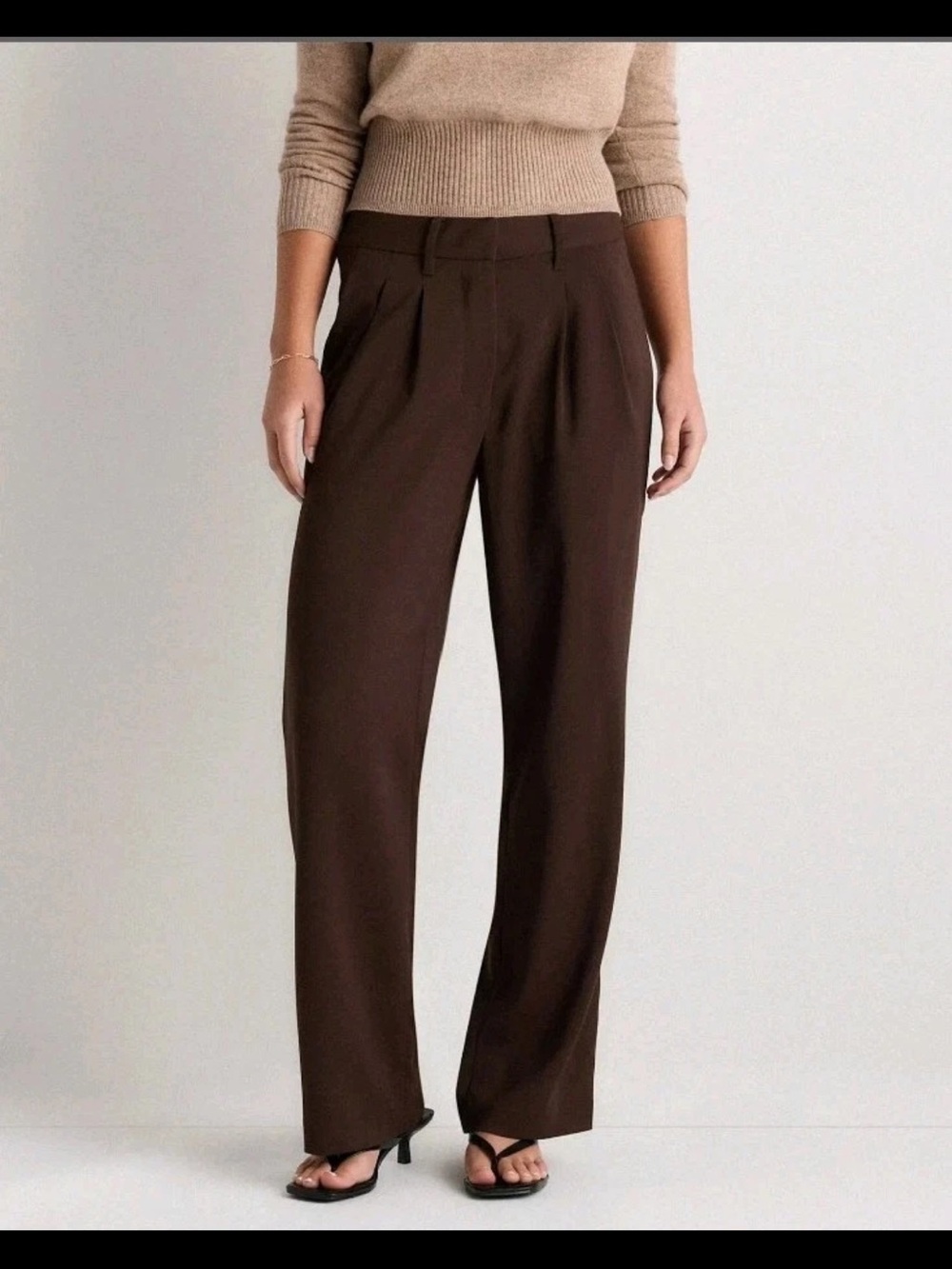 Quince Womens Stretch Crepe Pleated Wide Leg Pants Coffee Bean Brown 14